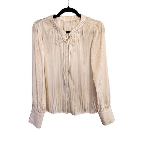 FRAME- Women’s Shirred Silk Neck-Tie Blouse in Off White, Size Large - Picture 12 of 13